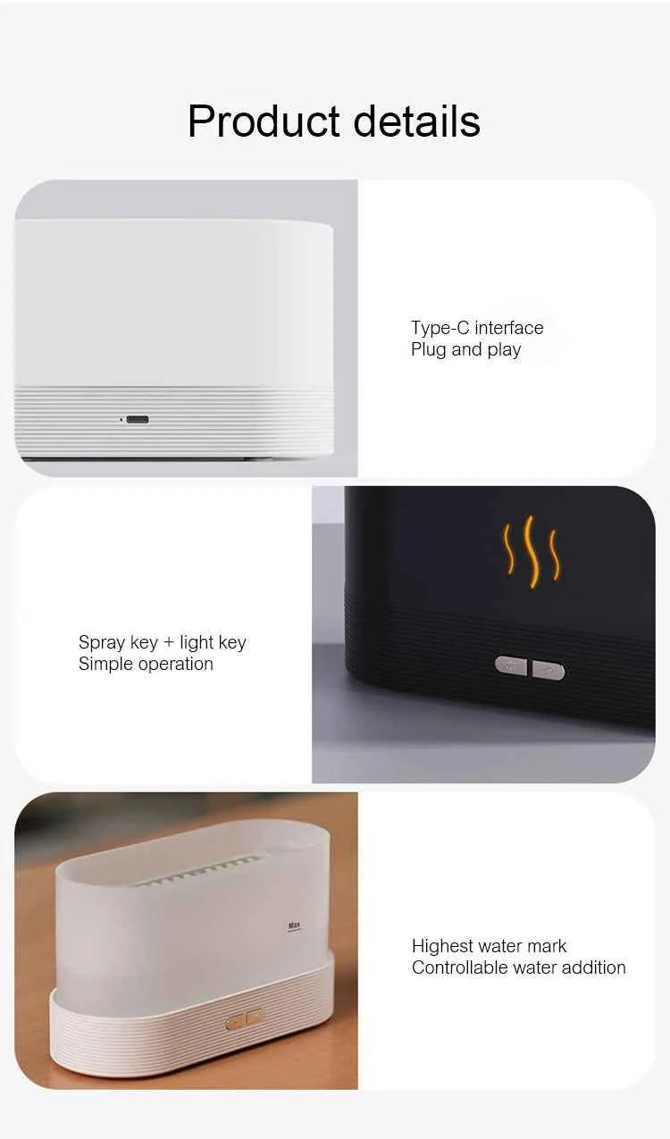 Ultrasonic Aroma Diffuser & Humidifier - LED Essential Oil Flame Lamp