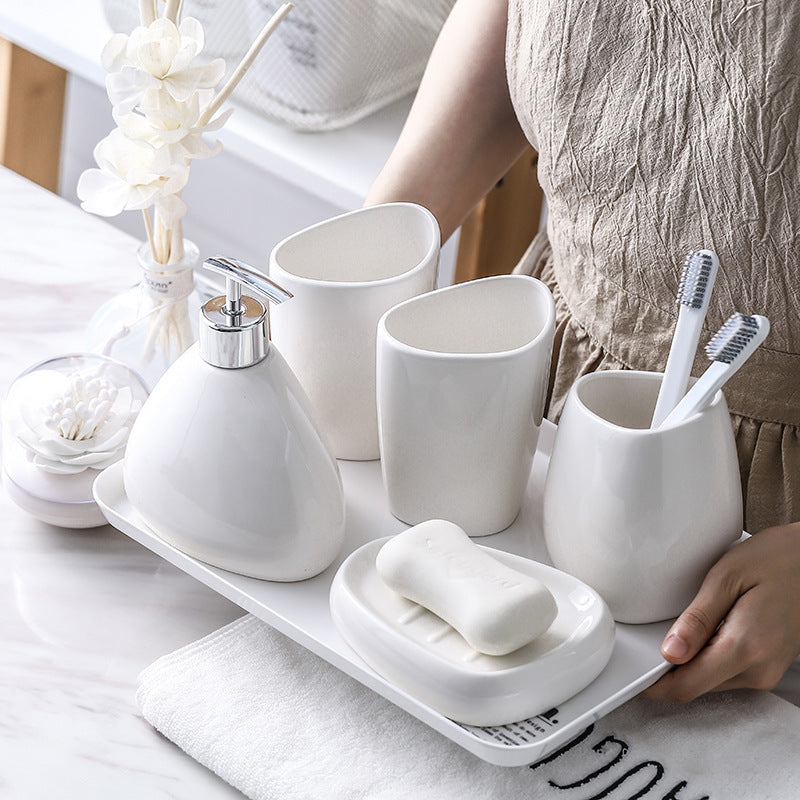 Simple White Porcelain Bathroom Five-Piece Set – Hotel-Style Elegance