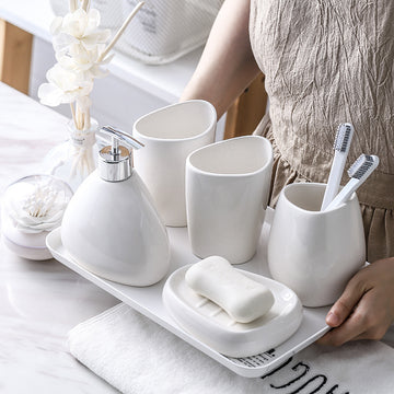 Simple White Porcelain Bathroom Five-Piece Set – Hotel-Style Elegance