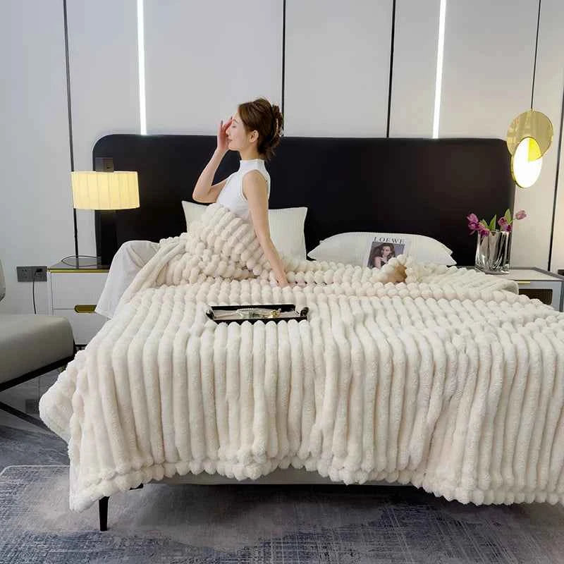 Soft Fluffy Wide Striped Blanket - Plush Throw for Bed & Sofa