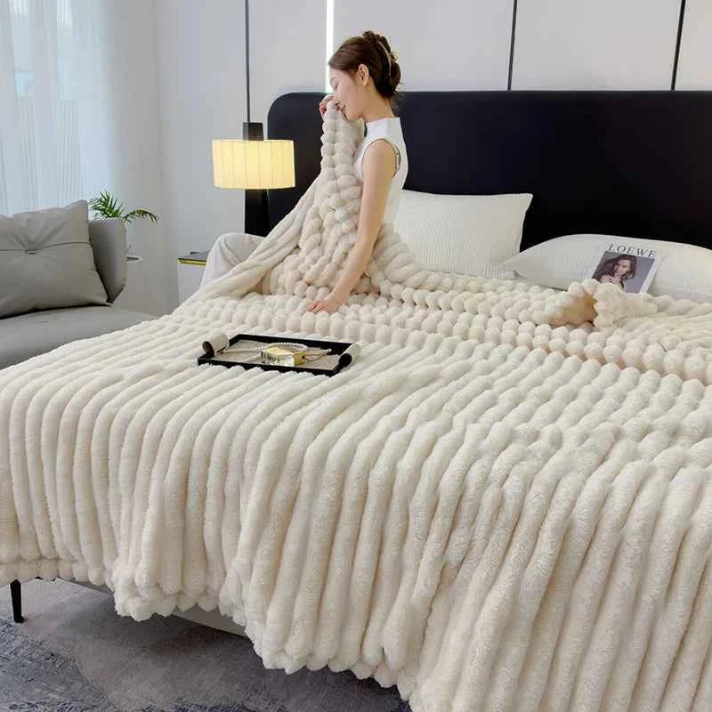 Soft Fluffy Wide Striped Blanket - Plush Throw for Bed & Sofa