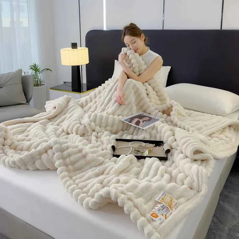 Soft Fluffy Wide Striped Blanket - Plush Throw for Bed & Sofa