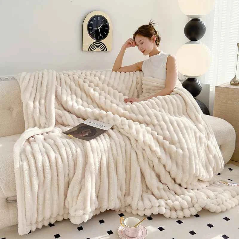 Soft Fluffy Wide Striped Blanket - Plush Throw for Bed & Sofa