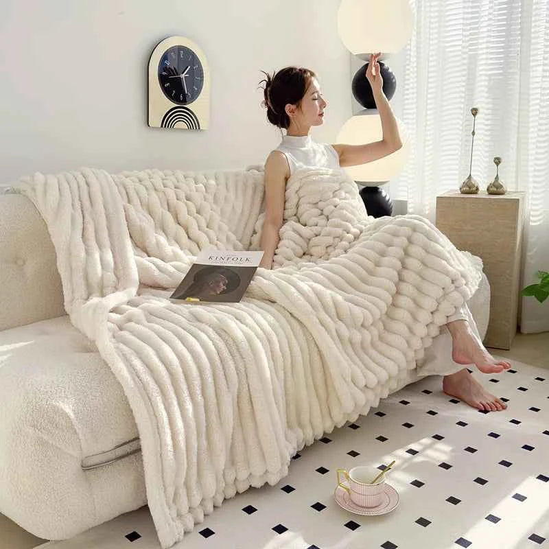 Soft Fluffy Wide Striped Blanket - Plush Throw for Bed & Sofa